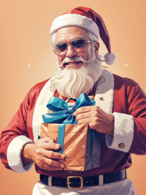 1big old man with white beard, santa claus gift bag, Ray-Ban sunglasses, ultra detail, sharp eyes, (best quality, highres:1.2), santa costume, blush, nice man, happy, solo, smiling, perfect hands,