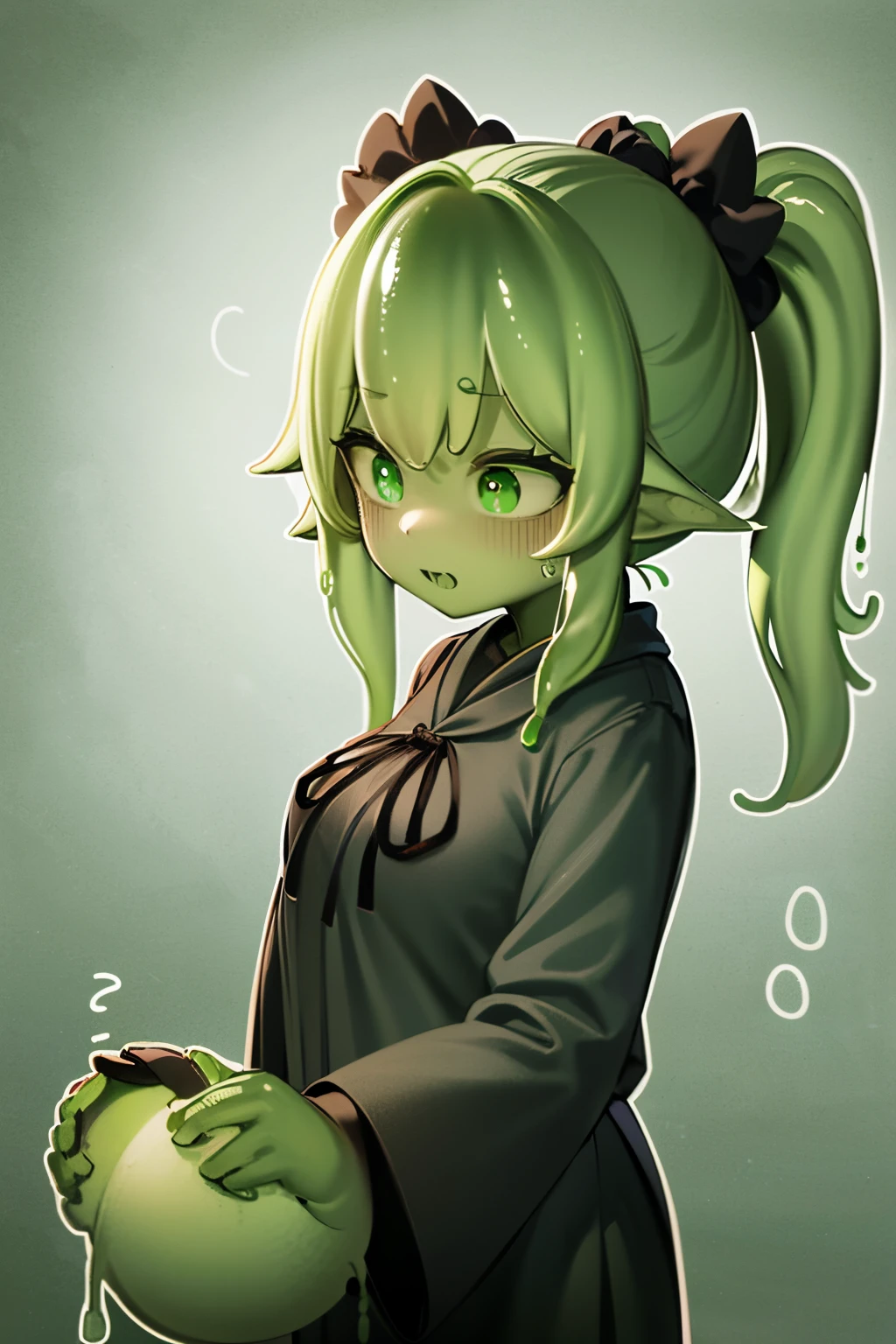 A green slime girl, ((double ponytail hair)), long hair, green skin, green, cave background, medieval clothes, poor clothes, gray and black clothes, monster girl, happy expression