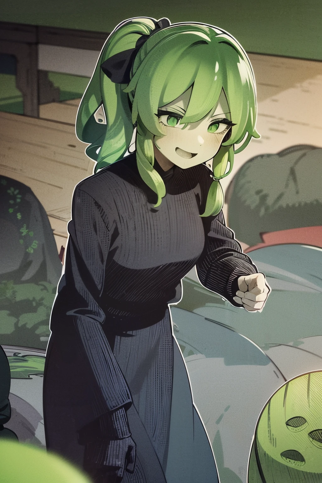 A green slime woman, adult woman, solo, ((double ponytail hair)), long slimish hair, green skin, green, cave background, medieval clothes, poor clothes, tanktop, gray and black clothes, monster girl, happy expression
