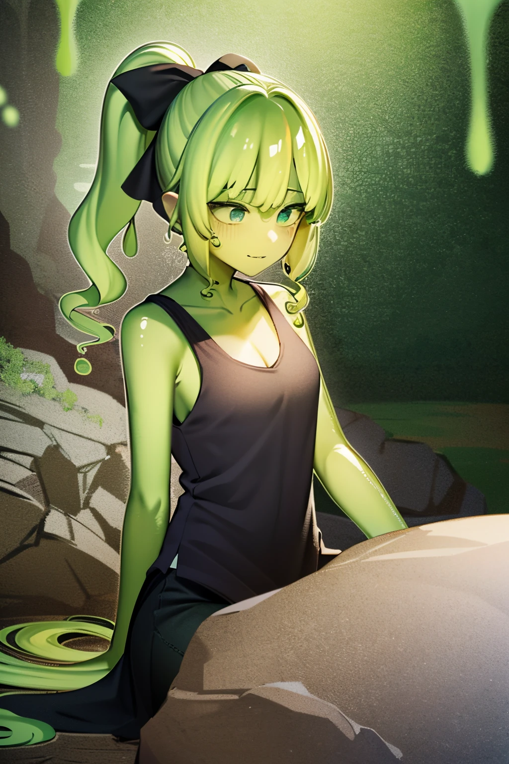 A green slime woman, adult woman, solo, ((double ponytail hair)), long slimish hair, green skin, green, cave background, medieval clothes, poor clothes, tanktop, gray and black clothes, monster girl, happy expression