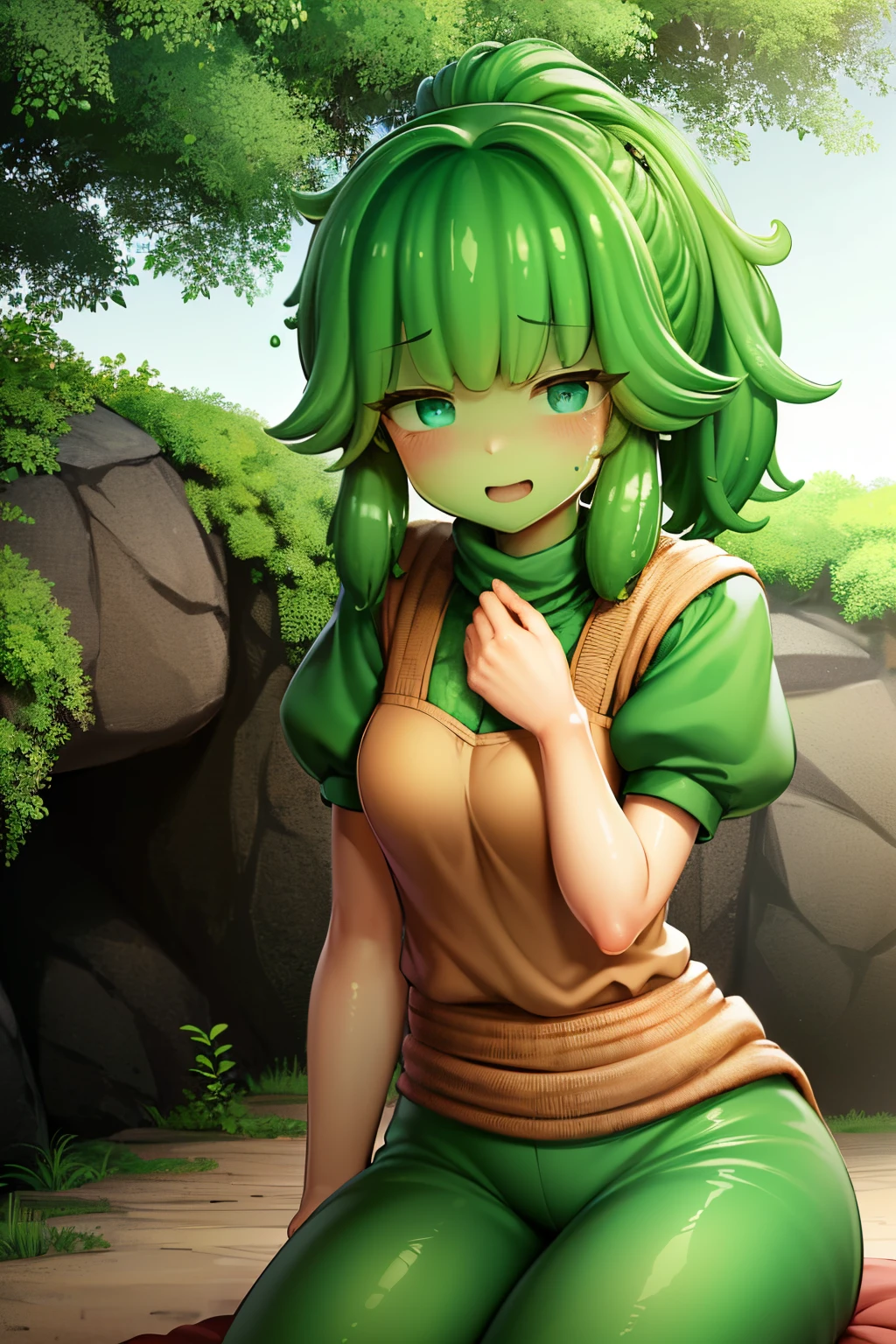 A green slime woman, mature woman, solo, ((double ponytail hair)), long slimish hair, green skin, green, cave background, farmer clothes, farmer, medieval farmer, peasant clothes, dirty clothes, monster girl, happy expression