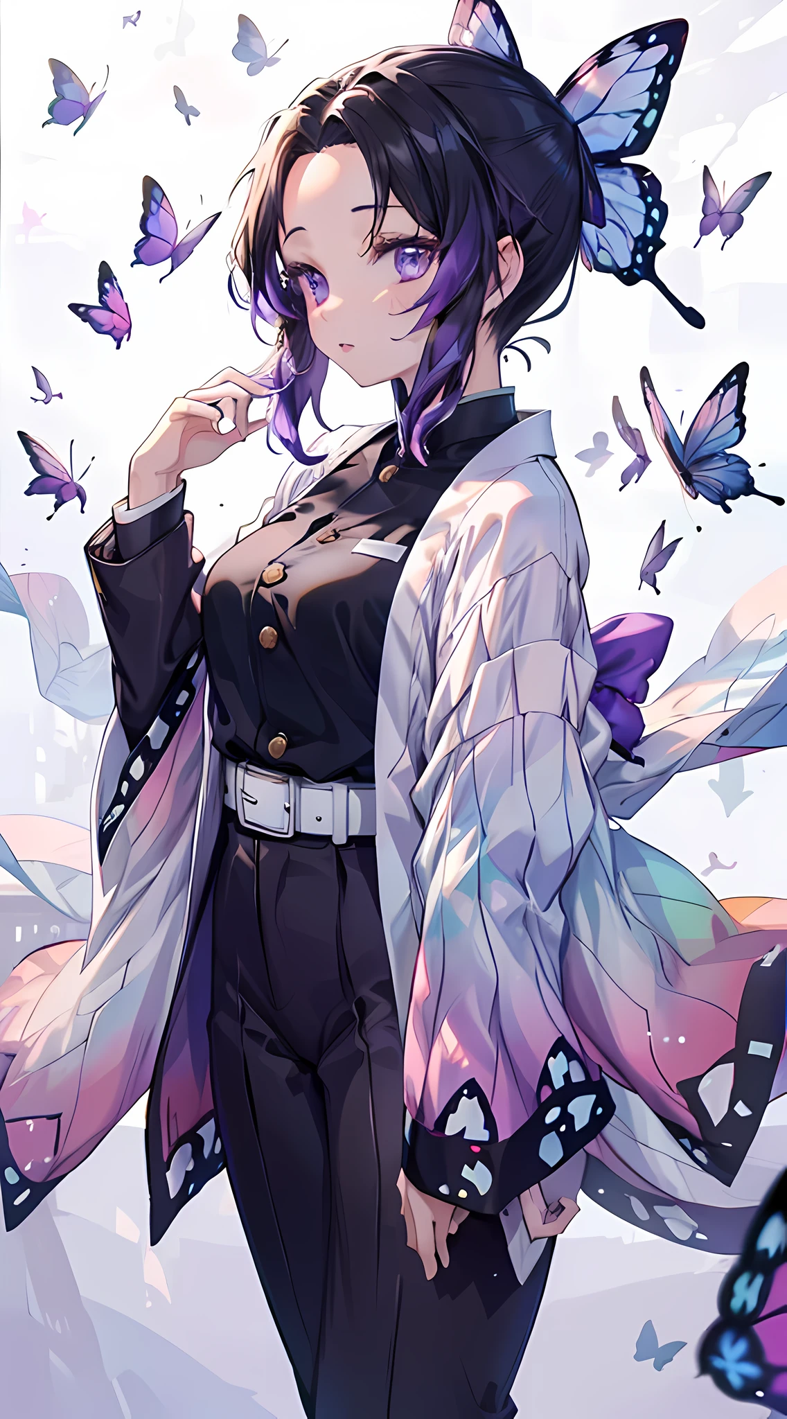 A girl with black hair that graduated to violet at the bottom, long front hair divided into two parts, a very small hair tie tied with a purple butterfly, wide eyes that graduated from white to dark violet at the bottom, wearing a dark purple shirt with golden buttons and short dark purple pants with a white kimono. Gradient green and pink at the bottom with butterfly wing patterns, pantyhose in the same color and pattern as the kimono.