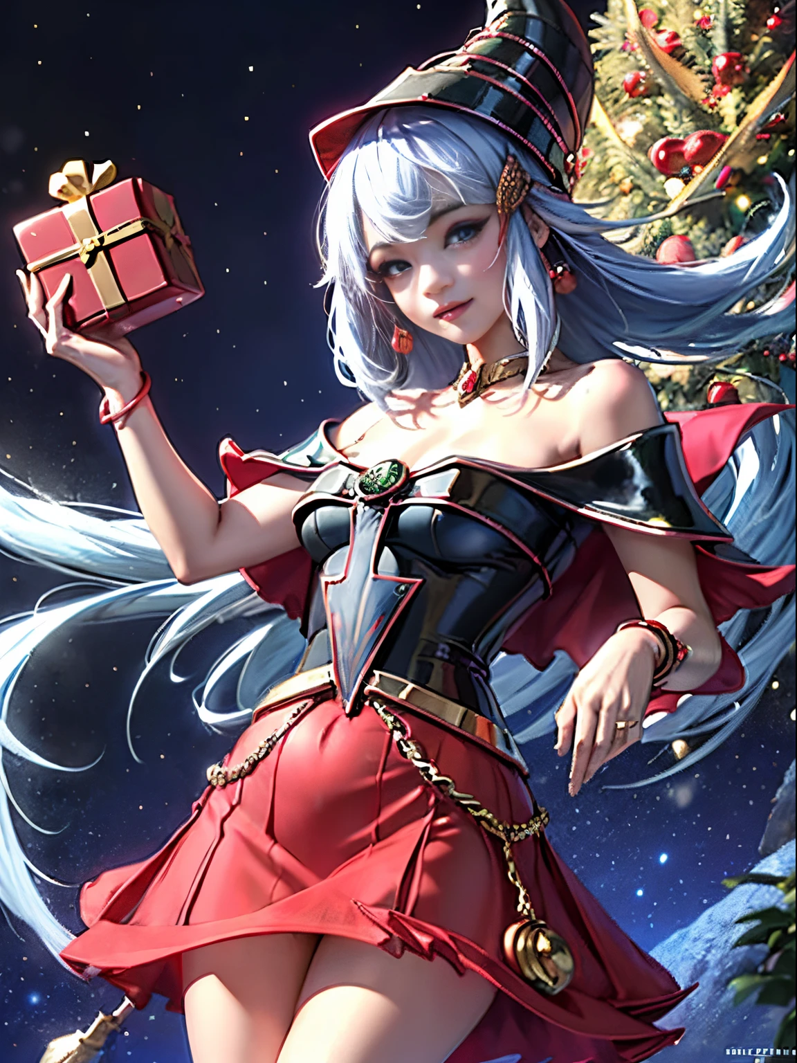 Dark magician gils con vestido rojo,((see through)), extremadamente detallado, rubio,(((Mini falda diminuta))), ((skirt lift)),(((tanga visible))),Sonriendo, ojos azules, realista, tacones rojos, (((Navidad))), escote, ((christmas tree, Regalos)), cabello rubio, Corazones de Magia.