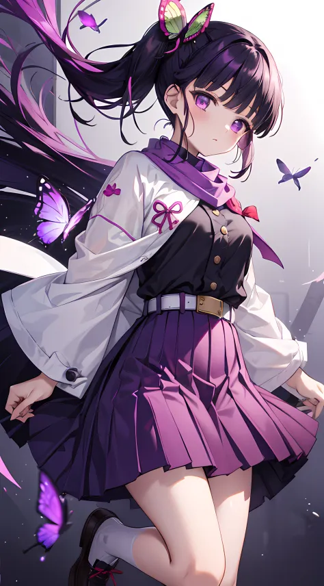 A girl with very dark purple hair, short straight front hair and a ponytail on the side tied with a green and red butterfly, wide purple and pink eyes. She wears a dark purple shirt with gold buttons, a long purple skirt, a large white scarf tied with a re...