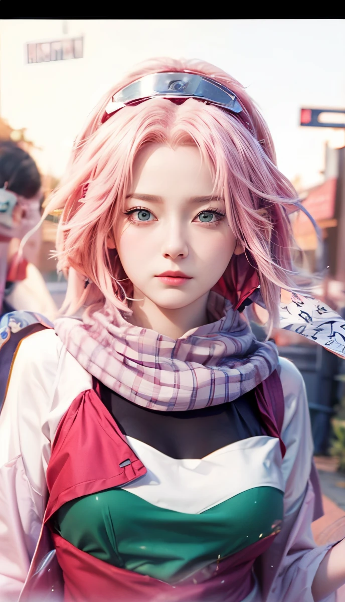 このキャラクターの実写化,彼女の名前はアニメNARUTOの春野サクラです,彼女は本物のようなピンクの髪と赤いヘッドバンドをしています, リアルな同じ服装, リアルな同じエプロン, 美しい韓国の十代の顔, 彼女の目の色は緑色です, リアルな光, リアルな影, リアリズム, 超リアル,(写実的な:1.2), リアルな背景