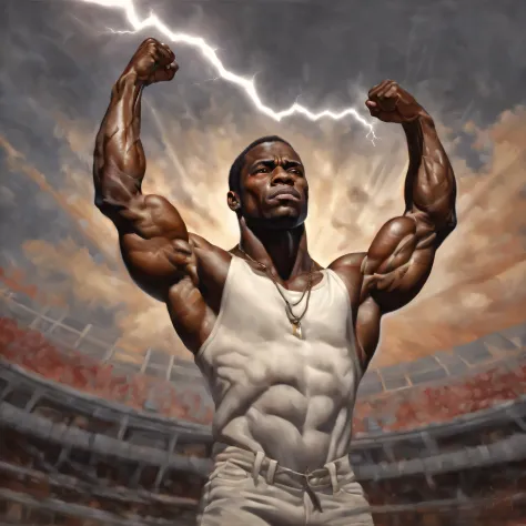 A muscular black man with large biceps and a well-defined brachioradialis muscle, raising his hands towards the sky as a lightni...