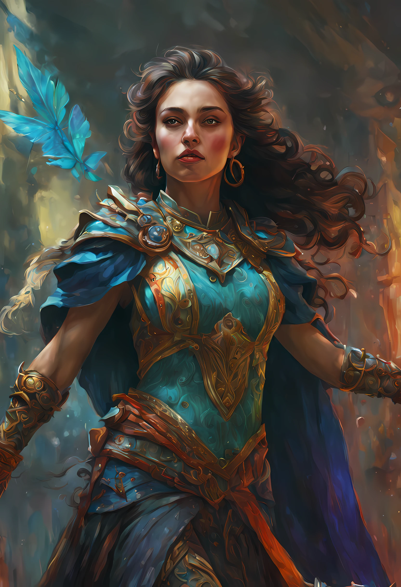 vibrant portrait with fine brushwork, (Path Of Exile), art by (Akrokan), dynamic lighting, vivid tetradic colors, atmospheric lighting, expressive brushstrokes, sinister colored intricate magical background, ethereal atmosphere, mesmerizing patterns, detailed features, rich textures, depth of field, harmonious color palette, hyperrealism, ornate clothing, subtle shadows and highlights, striking visual impact, perfect composition, unconventional perspectives, energetic, meticulous, exquisite color rendering, dreamlike quality, emotional, stylistic freedom, unsaturated background, empowering, fantastical, (detailed:1.4), best quality, H!D