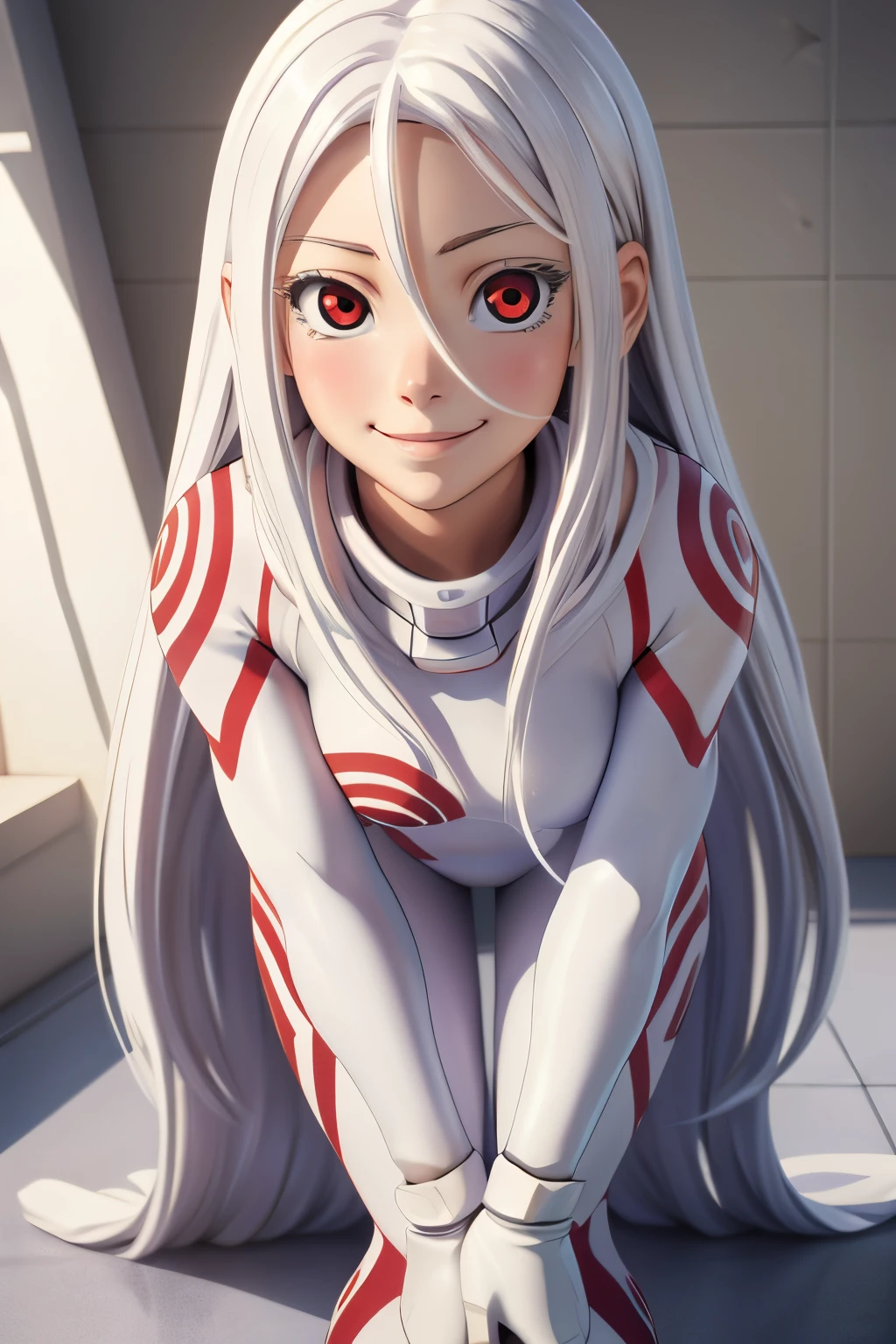 ((ultra quality)), ((tmasterpiece)), albino girl Shiro, Shiro from the anime Deadman Wonderland, ((White long hair)), Beautiful cute face, beautiful female lips, charming beauty, ((Cheerful expression on his face)), is looking at the camera ((gentle smile)), ((Skin color: white)), Body glare, ((detailed beautiful female eyes)), ((red-eyes)), beautiful female hands, ((perfect female figure)), ideal female body shapes, Beautiful waist, nice feet, big thighs, Beautiful butt, ((Subtle and beautiful)), A seductive stance ((closeup face)), ((wearing Shiro&#39;s costume, white Shiro suit)), background: large hall of the future prison with white walls, ((Depth of field)), ((high quality clear image)), ((crisp details)), ((higly detailed)), Realistic, Professional Photo Session, ((Clear Focus)), ((cartoon)), the anime