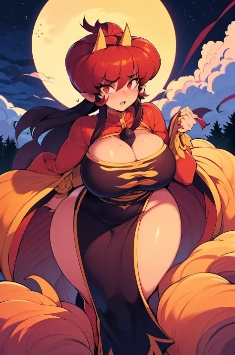 16K, HD, Shampoo_(Ranma1/2), Close up, ((anatomically correct)), 1 girl, ((Red: 1.5)) demon horns, (Fair skin), Voluptuous, Sexy, Busty, Curvy waist, Plump butt, Nipples, (Long detailed cloak: 0.5), (Detailed long red/black dress with long sleeves), Expres...
