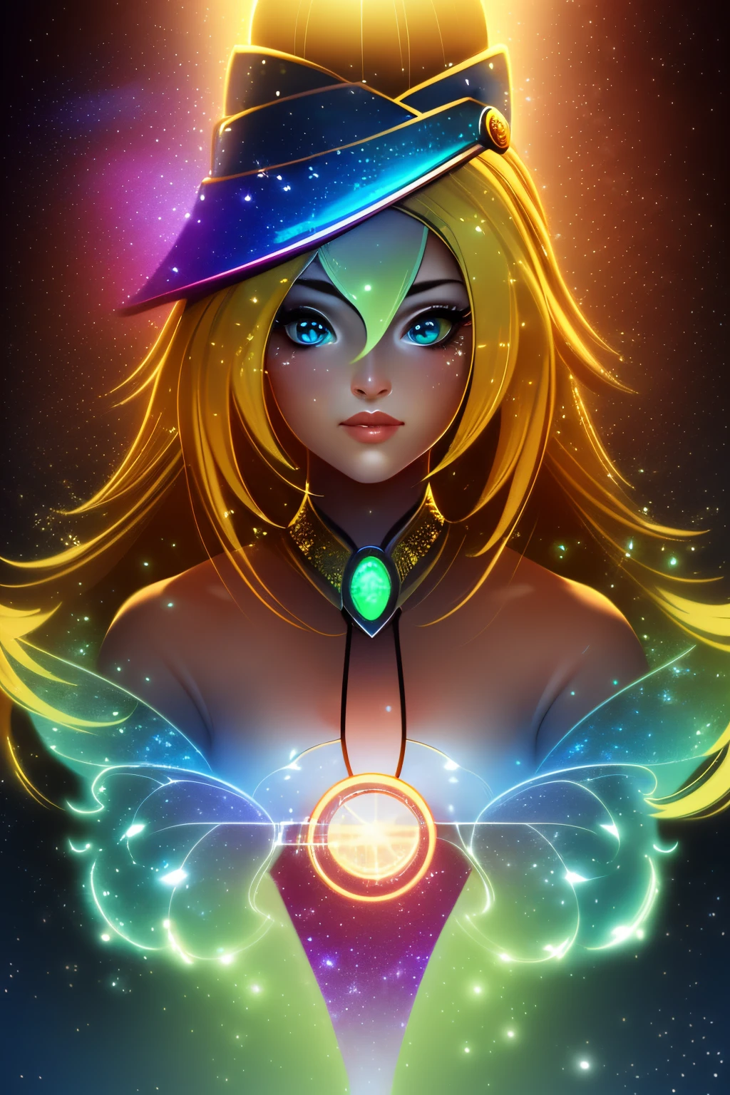 ((La mejor calidad)), ((Obra maestra)), ((realista)), retrato, dark magician gils.
1girl, celestial, Deidad, diosa, light particles, halo, Mirando al espectador,
(bioluminiscente:0.95), Vibrante, Colorido, Color, (resplandeciente, resplandecer),
(beautiful composition), cinematic lighting, intrincado, (Symmetrical:0.5), Caprichoso,