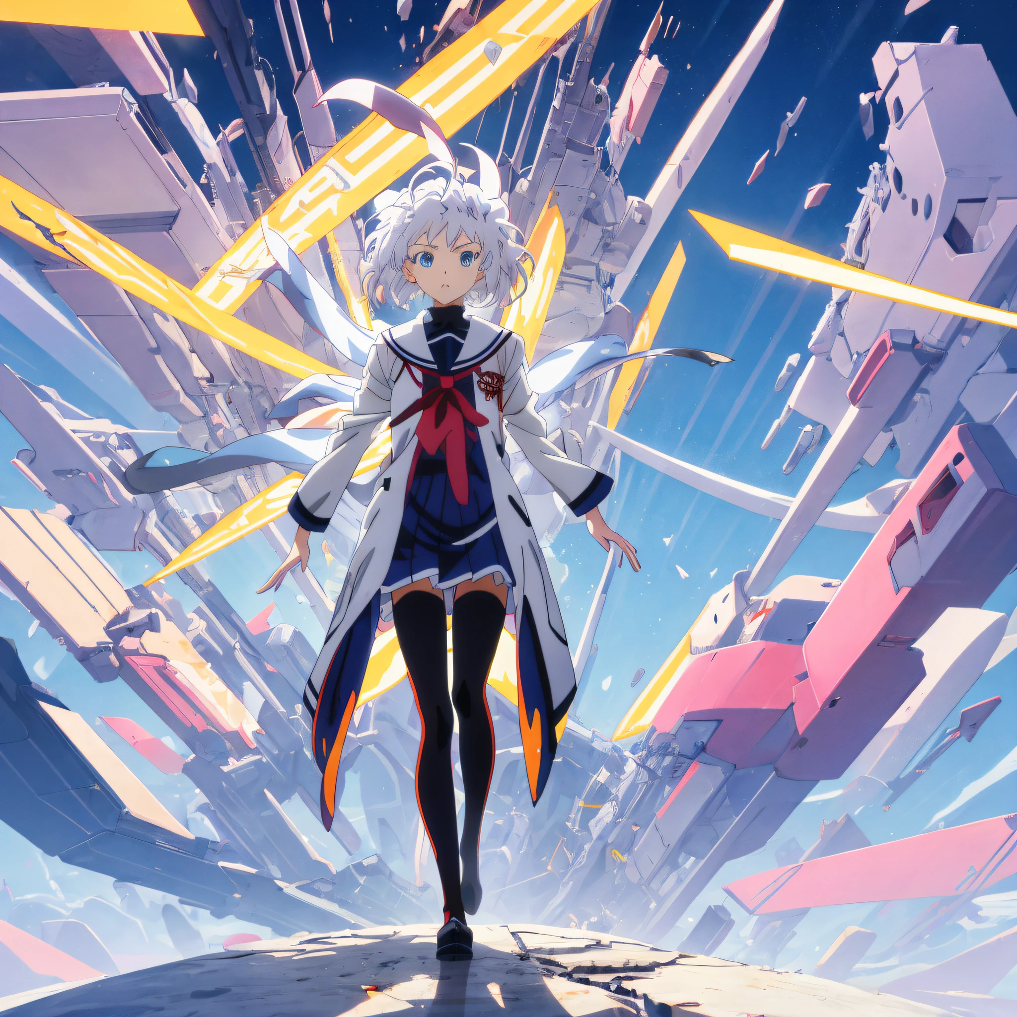 A woman in a white coat and black pants standing in front of a city -  SeaArt AI