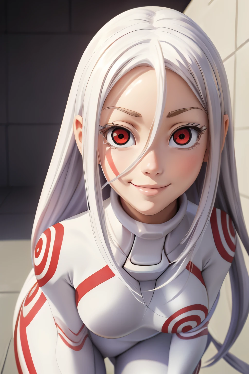 ((ultra quality)), ((tmasterpiece)), albino girl Shiro, Shiro from the anime Deadman Wonderland, ((White long hair)), Beautiful cute face, beautiful female lips, charming beauty, ((Cheerful expression on his face)), is looking at the camera ((gentle smile)), ((Skin color: white)), Body glare, ((detailed beautiful female eyes)), ((red-eyes)), beautiful female hands, ((perfect female figure)), ideal female body shapes, Beautiful waist, nice feet, big thighs, Beautiful butt, ((Subtle and beautiful)), A seductive stance ((closeup face)), ((wearing Shiro&#39;s costume, white Shiro suit)), background: large hall of the future prison with white walls, ((Depth of field)), ((high quality clear image)), ((crisp details)), ((higly detailed)), Realistic, Professional Photo Session, ((Clear Focus)), ((cartoon)), the anime