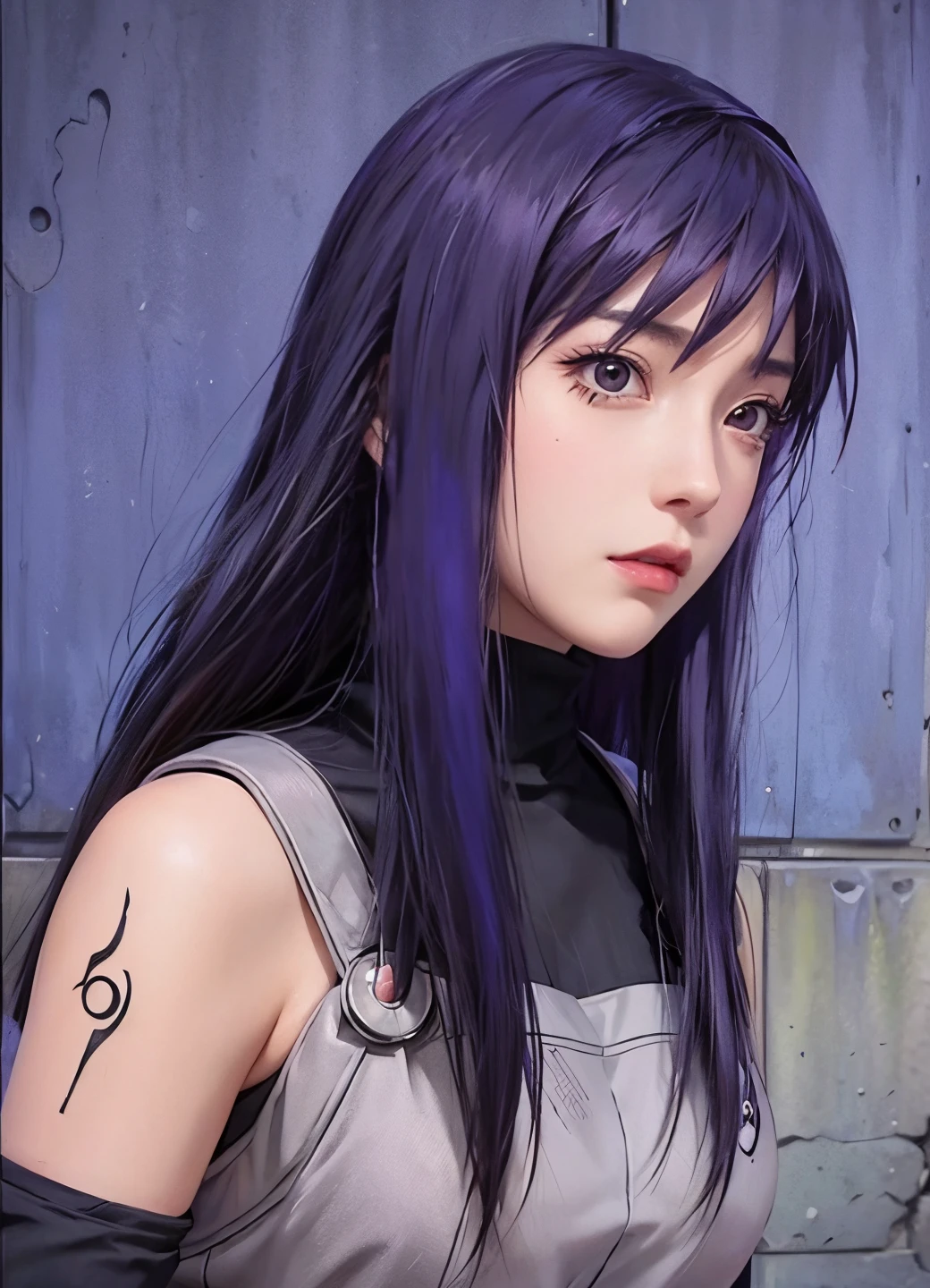 Prompts : masterpiece ,best quality , best quality perffeck , stage ,1girl , yuugao uzuki , from anime (Naruto ) , purple hair , hair ornament , ( symbol shaped ) , anbu konohagakure clothes , ( simple background ) , detail charakter , real anime , realistic , perffeck detail , face  high eyes , famele animerealistic , real potreit , standing  eyes , beautiful make up , detail outfit