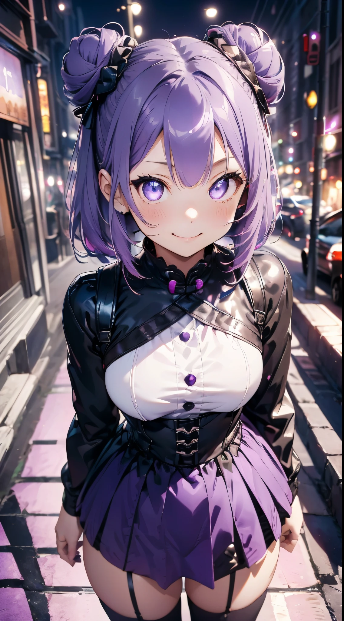 Top image quality、(((full bodyesbian))),Standing Picture、Outstanding style、beauty legs、Leather shoes、dynamicposes、Little Girl, Younger、Gothic lolita, (((light purple hair))), Purple eyes, (mascara), Blunt bangs, ((hair over eyes)), Long hair, mixed pink hair、pink mesh color、medium breasts, frilld, Bun、Black clothes、White bread cover、(((white bun hair accessory cover))),white frills, Black theme, ((Black cheongsam)), faithfully, (((Eye focus))), (((a smile))), the background is blurred, Empty eyes, Black theme、view the viewer, (((Night))), (((hair adornments))), neatly cut bangs