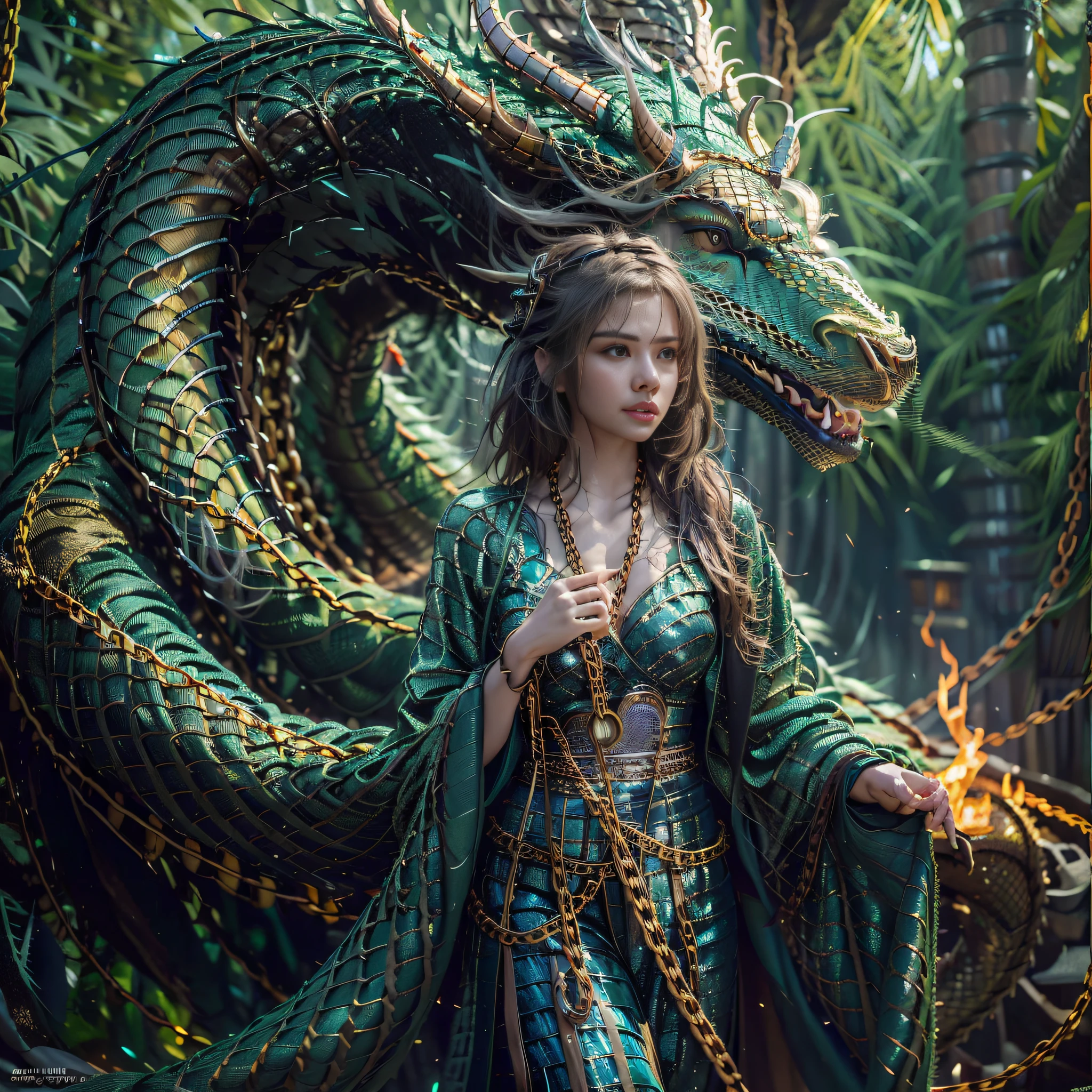 Красивая девушка с зеленым драконом, ((Девушка в длинном халате)), (носить кольчугу: 1.4), (длинные тканевые брюки: 1.2), (кольчуга с узорами из чешуи дракона), Идеальные черты лица, нежное лицо, длинные волосы, Изящный , мудрость, храбрость, Радужный дракон, Весы, рога, пламя, крылья, когти дракона, Дракон защищает девушку, Древний лесной фон, загадочная связь, защита, доверять, реалистичное качество, Реализм, 8К, Лучшее качество, шедевр, кинематографическое качество, Высокая светотень, Октановый рендеринг