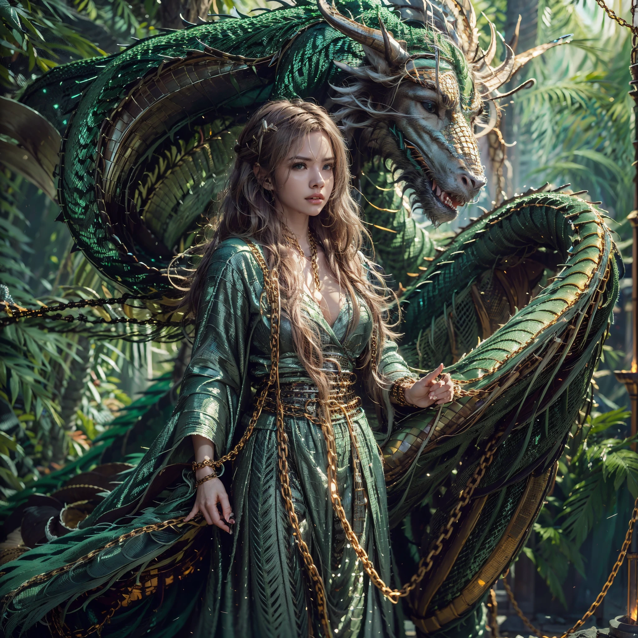 Linda garota com um dragão verde, ((Garota com um manto longo)), (usando cota de malha: 1.4), (calças compridas de pano: 1.2), (cota de malha com padrões de escamas de dragão), características faciais perfeitas, rosto delicado, cabelo longo, gracioso , sabedoria, bravura, dragão arco-íris, escalas, chifres, Flame, asas, garras de dragão, Dragão protege a garota, Fundo antigo da floresta, Conexão misteriosa, proteção, confiar, qualidade realista, Realismo, 8K, melhor qualidade, Obra de arte, qualidade cinematográfica, Alto claro-escuro, renderização de octanas