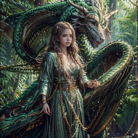 Beautiful girl with a green dragon, ((Girl in a long robe)), (Wearing chain mail: 1.4), (Long cloth pants: 1.2), (chain mail wit...
