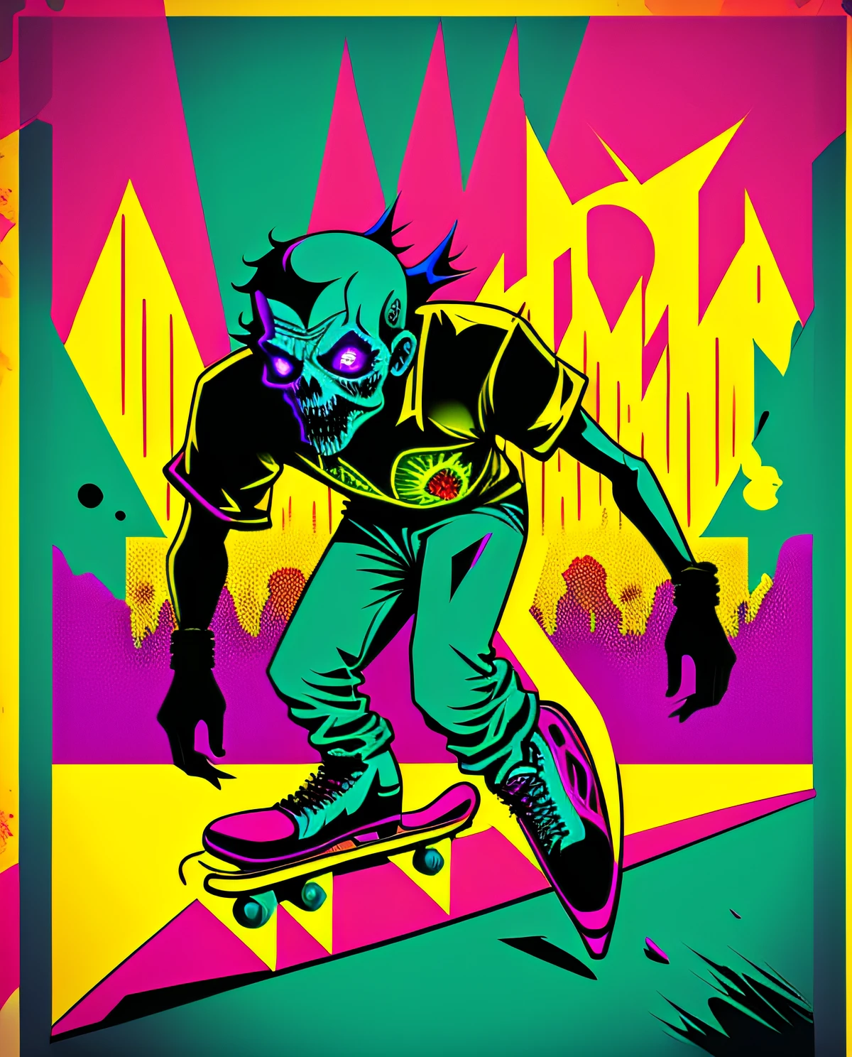 poster pop art style neon colors, (skating zombie :1.3), in a skate ...