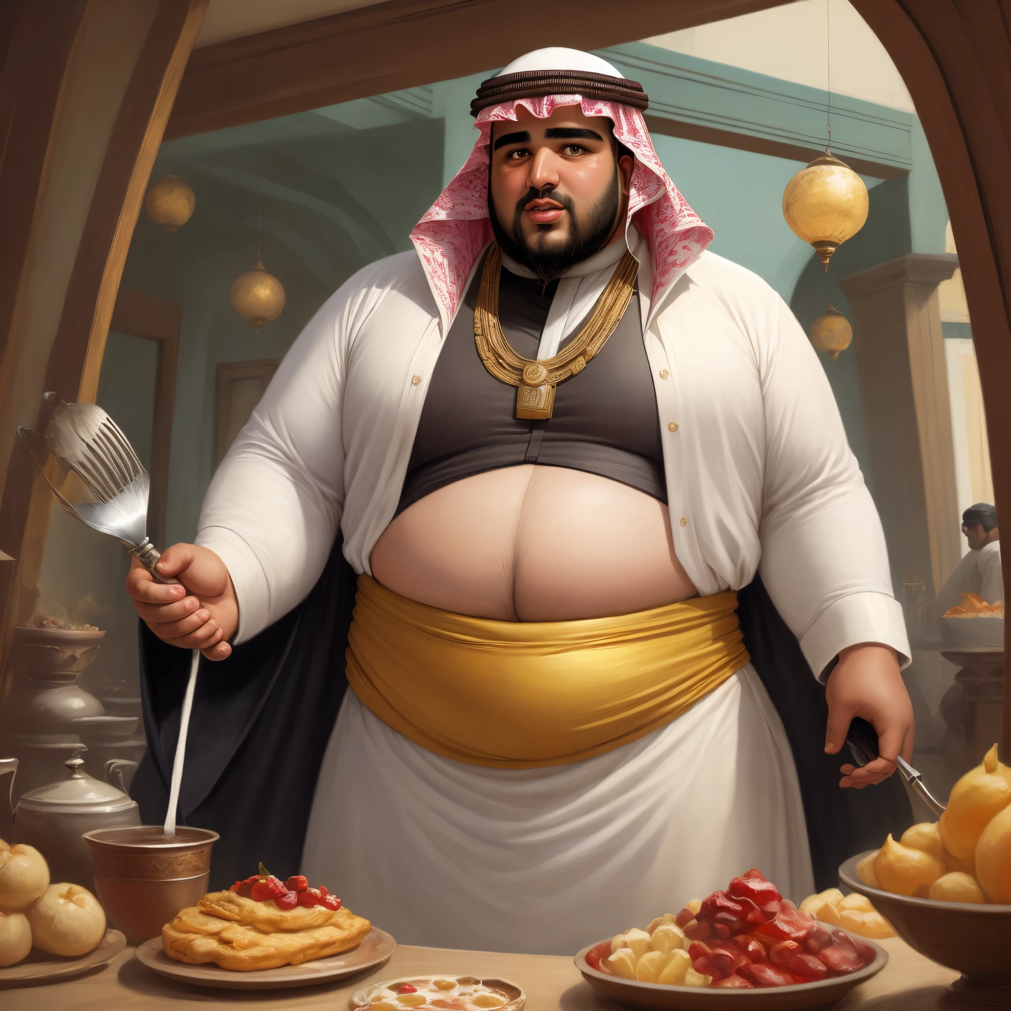 Araffe dressed in a traditional outfit standing in front of a table of food  - SeaArt AI