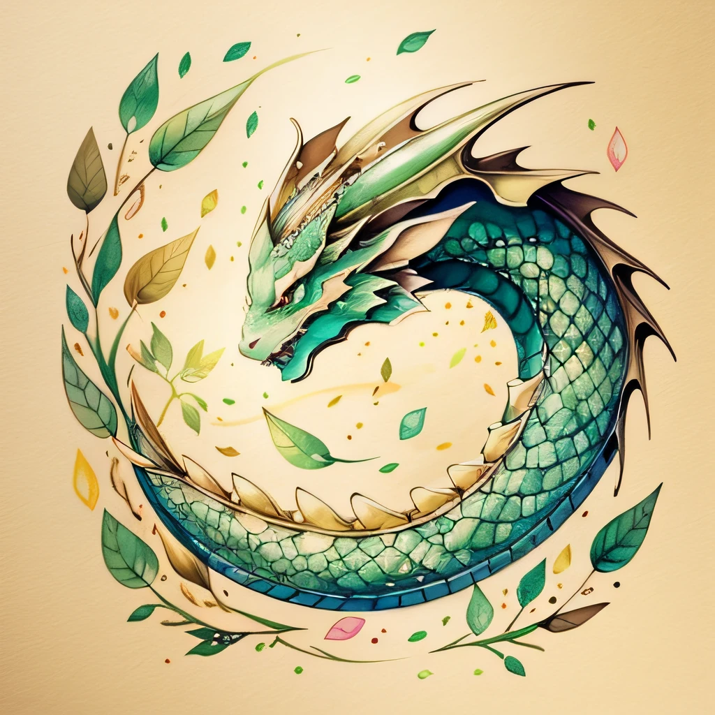 "a sad dragon", inktense and watercolour, aesthetic, d&d inventory item, epic, artful, cute, game asset, isolated on beige background, aquarelle, watercolor, sharp details, white highlights. emerald green and gold colors, promo art, crisp edges, glowing corners, artstation, earthy tones, predominantly in shades of green, brown, and white. Playful use of light and shadow. The background, rendered in a soft beige tone. whimsical splatters and leaves, adding a sense of motion and vitality, cute, kawaii, in the style of Rebecca Guay and DiTerlizzi, Quinton Hoover Art