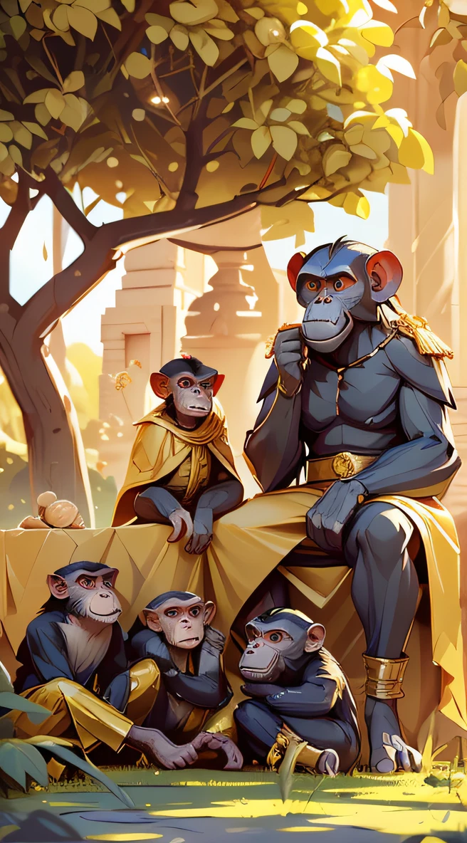 قم بإنشاء صورة لمجموعة من القرود ترتدي ملابس مستوحاة من فيلم Planet of the Apes. مجموعة من قرود الشمبانزي, صغيرة ورقيقة, حول قرد كبير السن, كما لو كان يروي القصص للصغار. يرتدي القرد الأكبر سناً تاج الملك الذهبي وأردية نبيلة ذهبية. يجلسون تحت ظل شجرة كبيرة, وفي السماء يمكن رؤية كوكبين