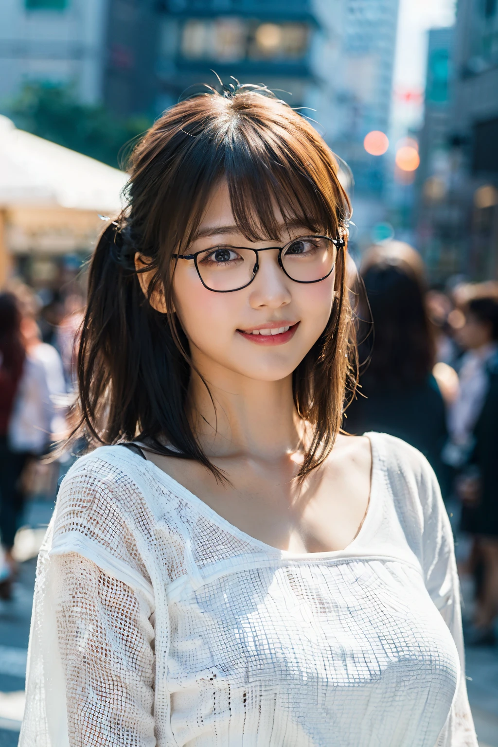(8K、Raw photography、top-quality、​masterpiece:1.2)、(realisitic、Photorealsitic:1.37)、ultra-detailliert、超A high resolution、女の子1人、see the beholder、beautifull detailed face、A smile、Constriction、(Slim waist) :1.3)、((White blouse clothes))、Beautiful detailed skin、Skin Texture、Floating hair、((Hair bunched into one))、large full breasts、Professional Lighting、In front of the station at noon、((Black square glasses))、Whole human body、Brown hair、Calling on your phone、