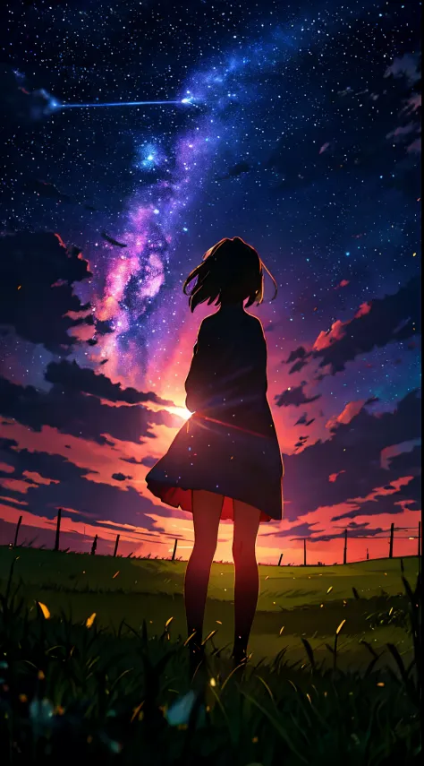 a girl standing on a grass field at night time, makoto shinkai art style, comixwave art style, comet in the sky, vibrant colours