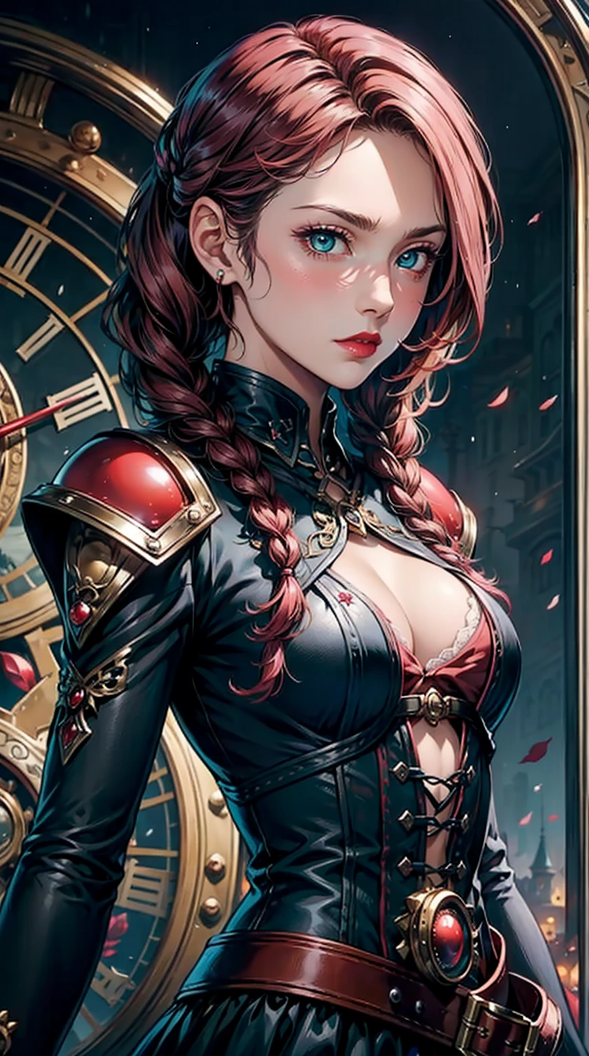 (masterpiece), best quality, expressive eyes, perfect face, upper body, beautiful face, mature woman, focused, beautiful eyes, azure eyes, medium flaming red hair, small braids, elegant steampunk dress, clockwork tower background, front view, close up, pink lipstick, pink blush