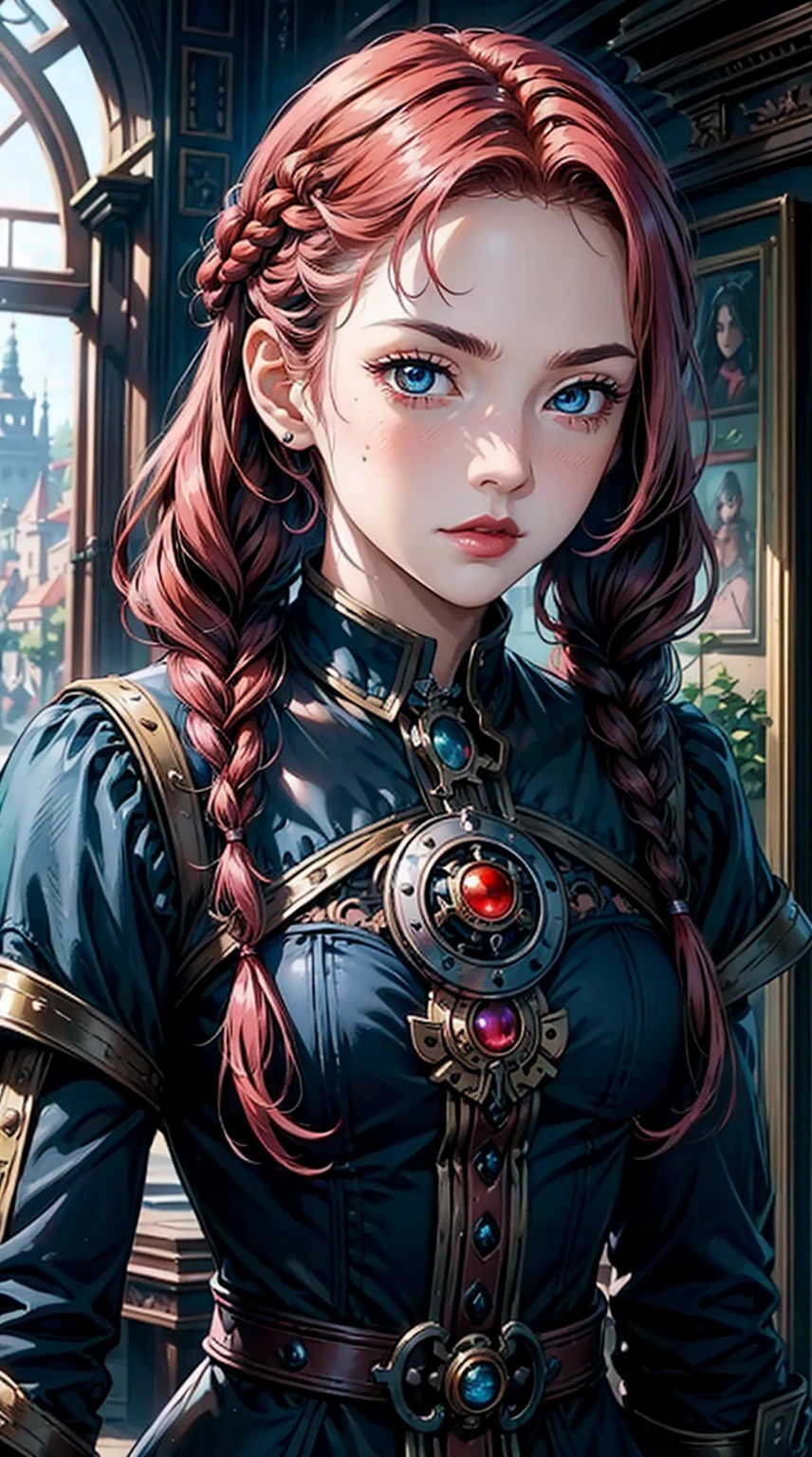 (masterpiece), best quality, expressive eyes, perfect face, upper body, beautiful face, mature woman, focused, beautiful eyes, azure eyes, medium flaming red hair, small braids, elegant steampunk dress, clockwork tower background, front view, close up, pink lipstick, pink blush