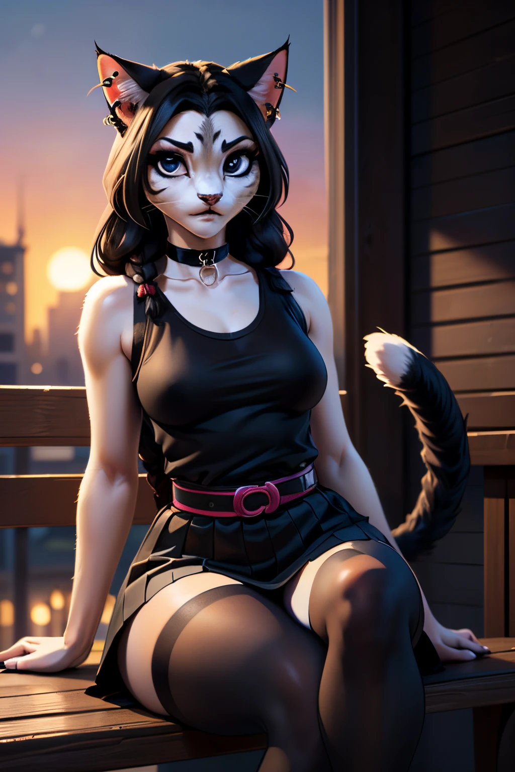 ((ultra quality)), ((tmasterpiece)), Girl-khajiit, goth, anthro cat, furry, ((black long hair tied in a braid)), ((there are piercings and rings in the ears)), ((there are only cat ears)), ((There is a cat's long tail in the back)), Beautiful cute face, beautiful female lips, charming beauty, ((serious expression)), is looking at the camera, ((Skin color: white)), ((there is cat hair on the body)), Body glare, ((detailed beautiful female eyes)), ((kblack eyes)), ((dark makeup)), beautiful female hands, ((perfect female figure)), ideal female body shapes, Beautiful waist, nice feet, big thighs, Beautiful butt, ((Subtle and beautiful)), sitting seductively on a bench ((closeup face)), ((wearing a black waist-length skirt with a black belt, black sleeveless tank top, black choker around the neck, black sneakers, black tights), background: City Street, evening sunset, ((Depth of field)), ((high quality clear image)), ((crisp details)), ((higly detailed)), Realistic, Professional Photo Session, ((Clear Focus)), ((cartoon)), the anime, NSFW