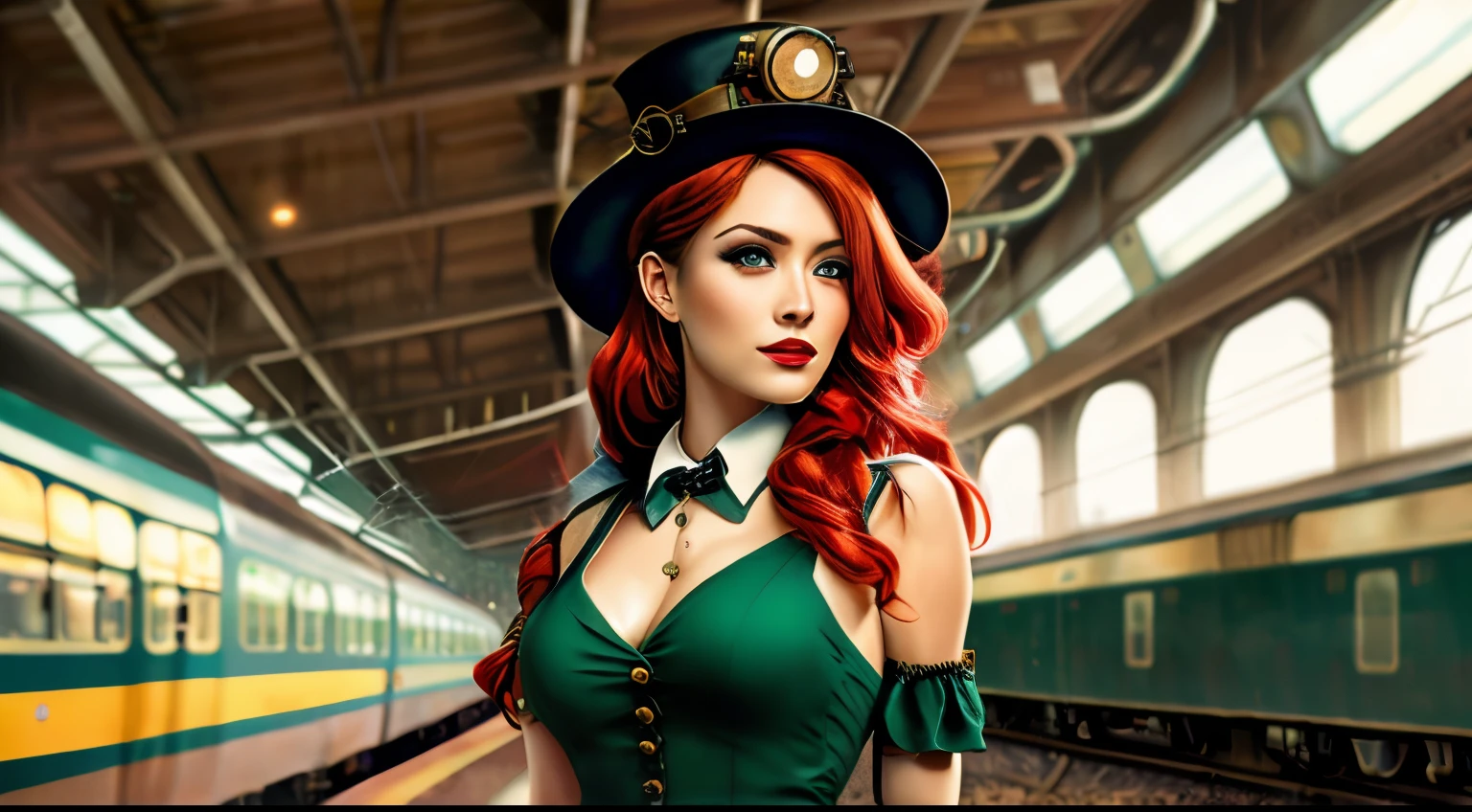 Masterpiece, (trains tracks at train station), bright starry sky, Romantic train, reflection, detailed scenery —width 672, enhanced details, official art, dynamic angle, (ultra wide shot), RAW, photorealistic, ultra detailed, aesthetically pleasing, High quality, masterpiece, best quality, a woman red hair, beautiful face, green eyes, sexy pose, pinup art, wearing (steampunk medium length dark green dress) with leather boots and green top hat (1.6 intricate details, Masterpiece, best quality), thick hair, long hair, auburn red hair, fair skin intense ((brown)) eyes, in front of Red and blue train on the tracks in a (train yard), 4 0 9 6, trains in the background, locomotive, train, golden engines, choo choo, trains, biomechanical railroad, glamorous and sexy, red hair, beautiful face, brown eyes, sexy pose, pinup art, pin - up, pin-up, pin up, pinup, pin - up girl, pin up girl, pinup girl, (outlined iris), ((perfectly balanced eyes)), Victorian train station checking tickets , woman in steampunk clothes, in a steampunk laboratory, steampunk inventor girl, in a steampunk world, woman in a dark factory, steampunk fantasy style, steampunk , steampunk aesthetic, (words on a sign saying All Aboard)