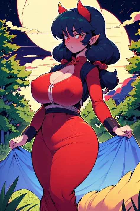 16K, HD, Shampoo_(Ranma1/2), Close up, ((anatomically correct)), 1 girl, ((Red: 1.5)) demon horns, (Fair skin), Voluptuous, Sexy, Busty, Curvy waist, Plump butt, Nipples, (Long detailed cloak: 0.5), (Detailed long red/black dress with long sleeves), Expres...