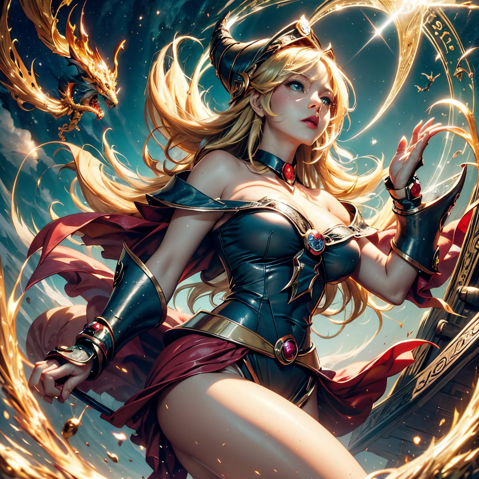 Amazing illustration of the dragon behind the beautiful girl, dark magician gils, Long blonde hair, green eyes, Red lips, Beautiful black and pink kimono, Tabletop, A golden dragon surrounded by gold dust, wind, God, Long and wavy body, fangs, Fantasy, myth, high quality, Highly detailed, Tabletop, epic, Particle effect, dynamic effects, The eyes are crystals, Good luck, golden background, Wealth is on the rise, air, a head, realist, Dragon God, The background is gold, 7 glitter colors, big ones,
