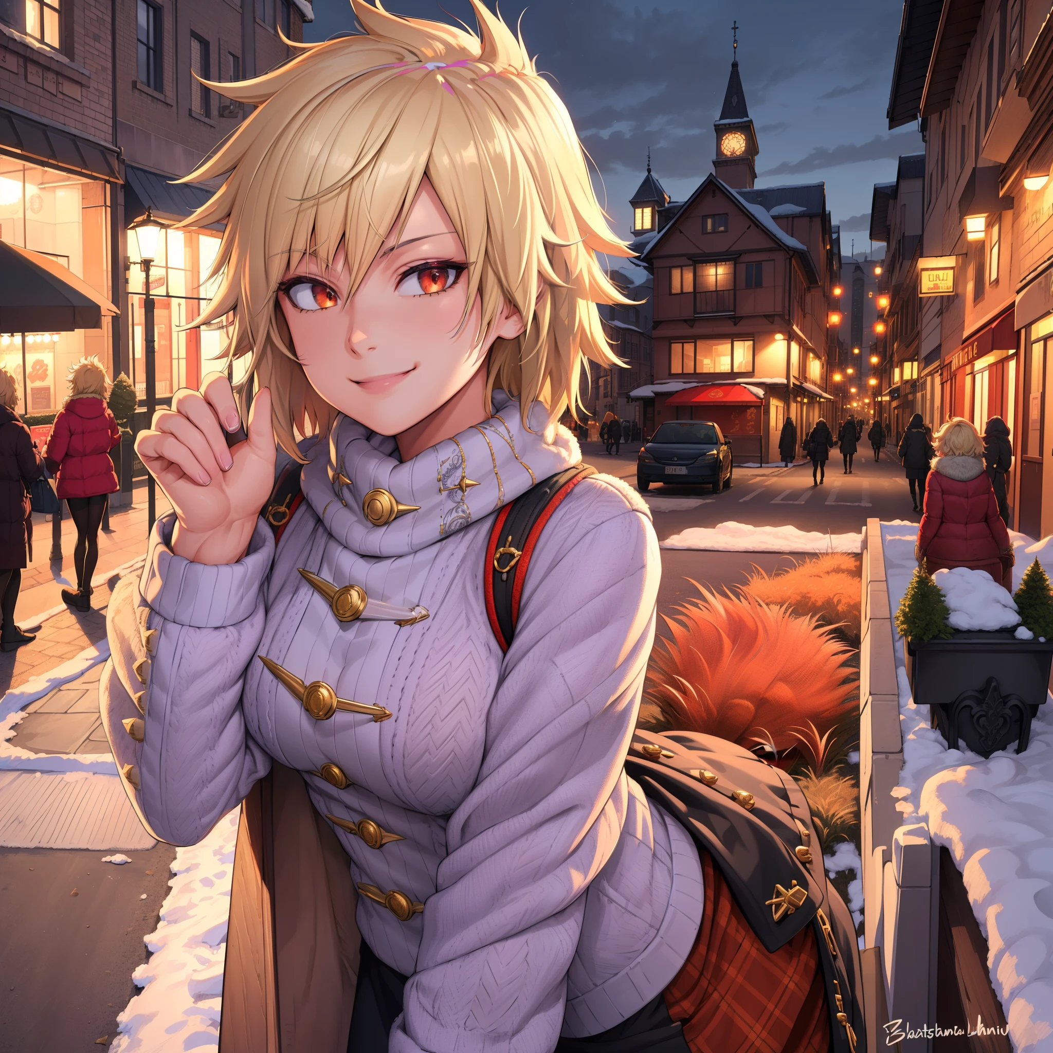 (highres, best quality:1.2), intricate details, vibrant image, sharpness, colorful, bakumilf, solo, mature female, spiky hair, blonde hair, street, winter, warm clothes, smile