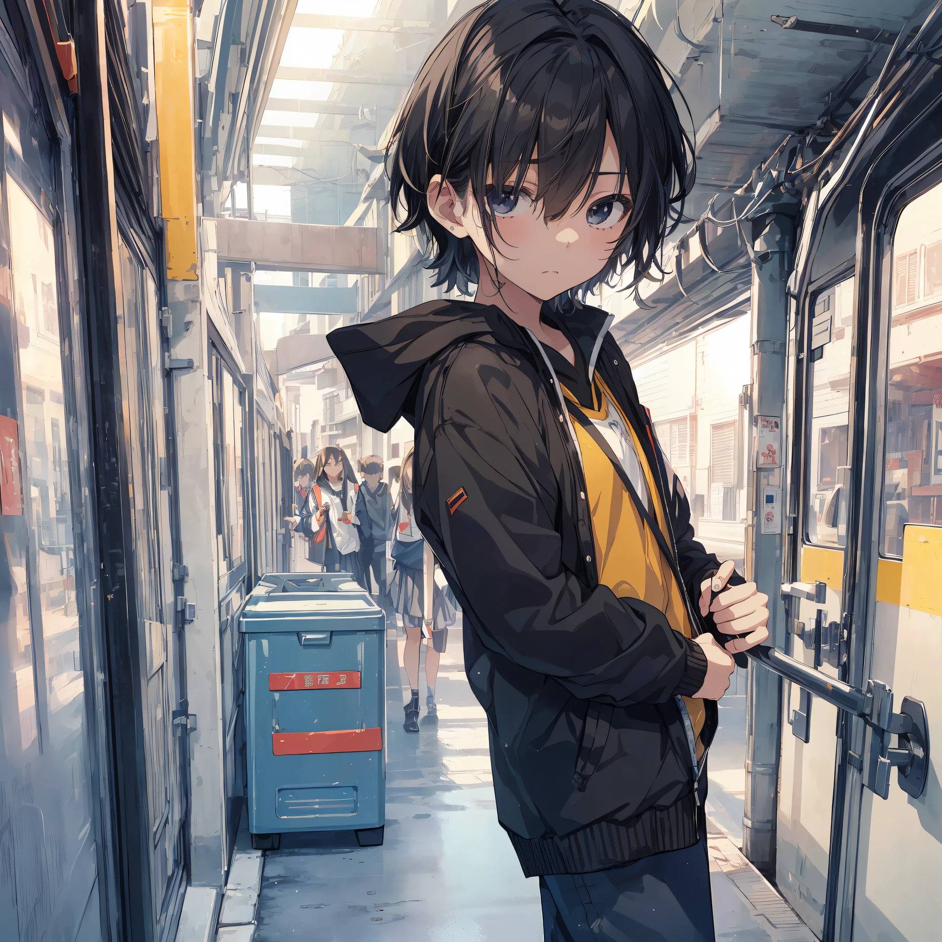 ((top quality, shinkai makoto style, ultra-detailed,high resolution,extremely detailed CG,unity 8k wallpaper, by famous artist, perfect anatomy, super detailed skin, cinematic lighting,Japanese scene)),break,(Please draw a girl walking sleepily to school. :1.3),break, 1girl, (Solo,Loli face,13-year-old:1.5),a junior high school student, androgynous charm, (Very Short hair), Full limbs, complete fingers,flat chest, Small butt, groin, Beautiful detailed black eyes, disgusted eye, school Uniform, (Detailed Lighting), (Detailed background), (in the School commute route),