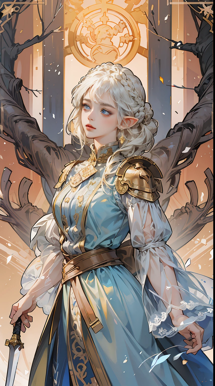 (best quality,highres), 1elf woman, detailed face, deep blue eyes, graceful and serene expression, medium hair, (asymmetrical bangs:1.2), (Braid Bun), short hair, white blonde hair, delicate elf features, Victorian dreesed in armor made of shimmering silver metal, holding a gleaming sword adorned with intricate engravings, standing tall and confident in the battlefield, surrounded by chaos and destruction, sunlight filtering through the shattered trees, casting a warm golden glow on her, determined and resolute, her heart radiating with compassion and empathy even in the face of conflict, a symbol of hope and strength, a beacon of peace in the midst of war, her presence bringing harmony and tranquility to the chaotic world. By Yusuke Murata, by Alphonse mucha.