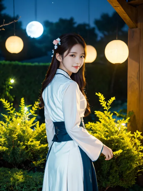 Best Quality, high_resolution, Distinct_image, Detailed background ,girl, hanbok,flower,garden,Moon, Night,
