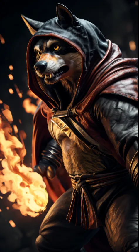 (best quality,4k,8k,highres,masterpiece:1.4),(The ultimate Orochi Bandit Heeler),ultra-detailed,(realistic,photorealistic,photo-realistic:1.37),realistic,fire background,serious expression,hooded cape,orange color,fire power,the king of fighters XV style,element of surprise