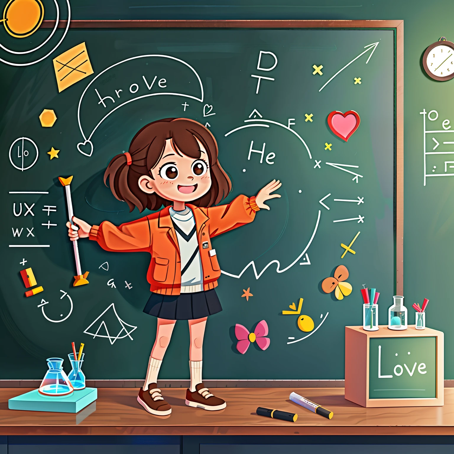 Girl with brown hair，Do experiments，blackboards，equations，laboratory room（There is love）Happy，Surrounded by love，Surrounded by love，blackboards，O sign，vector，line art，designs，inspiration，straight line，RHAD