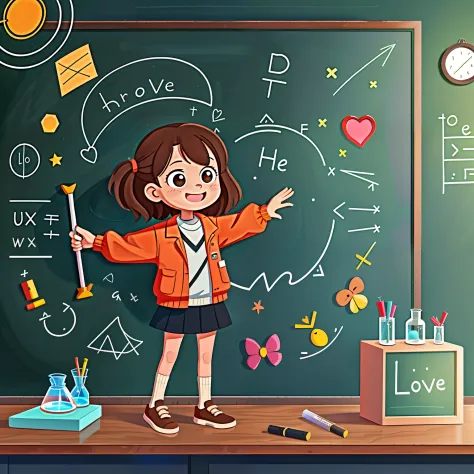 Girl with brown hair，Do experiments，blackboards，equations，laboratory room（There is love）Happy，Surrounded by love，Surrounded by l...