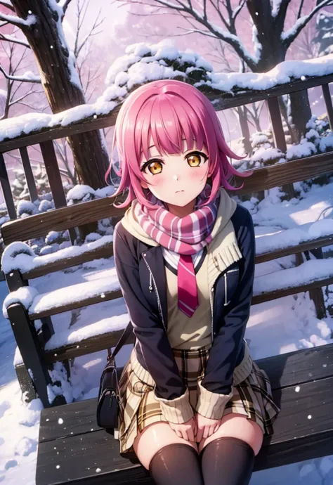 1girl, solo, tennouji rina, short hair, pink hair, ahoge,, o, thighhighs, blush, looking at viewer, expressionless, small breast...