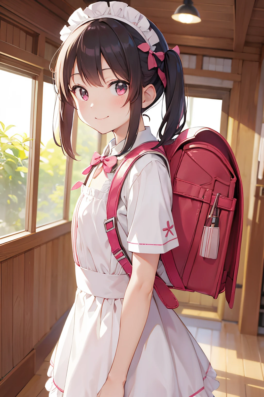(masutepiece), Best Quality, High resolution, Highly detailed, Detailed background, Perfect Lighting, Indoor, 1girl in, Petite, Looking at Viewer, , Maid Uniform, Adorable smile, Wearing a pink school bag backpack, (Randoseru Backpack:1.0)