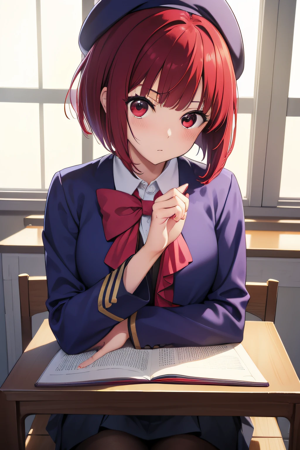 Kana Arima, Kana Arima, bob cuts, (Red Eyes:1.5), Red hair, Short hair,
Break beret, blue headwear, Blue jacket, Blue vest, hat, Jacket, pantyhose, bow ribbon, School uniform, Skirt, vests, Yoto High School Uniform, Sitting, (Sitting at a desk:1.2), (Put your left hand on your chest:1.2),
BREAK looking at viewer,
Break indoors, crass room, the morning sun, White light, windows,
BREAK (masutepiece:1.2), Best Quality, High resolution, Unity 8k壁纸, (Illustration:0.8), (Beautiful detailed eyes:1.6), extra detailed face, Perfect Lighting, extremely details CG, (Perfect hands, Perfect Anatomy),