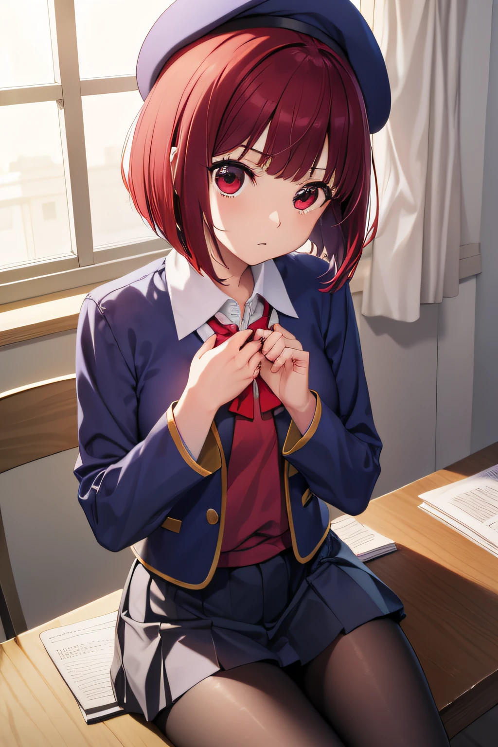 Kana Arima, Kana Arima, bob cuts, (Red Eyes:1.5), Red hair, Short hair,
Break beret, blue headwear, Blue jacket, Blue vest, hat, Jacket, pantyhose, bow ribbon, School uniform, Skirt, vests, Yoto High School Uniform, Sitting, (Sitting at a desk:1.2), (Put your left hand on your chest:1.2),
BREAK looking at viewer,
Break indoors, crass room, the morning sun, White light, windows,
BREAK (masutepiece:1.2), Best Quality, High resolution, Unity 8k壁纸, (Illustration:0.8), (Beautiful detailed eyes:1.6), extra detailed face, Perfect Lighting, extremely details CG, (Perfect hands, Perfect Anatomy),