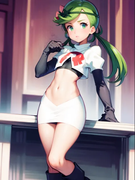 zodiac_mallow, lovely small breasts, solo, green hair, dark skin, twin tails, pink flower in hair,team rocket,team rocket unifor...