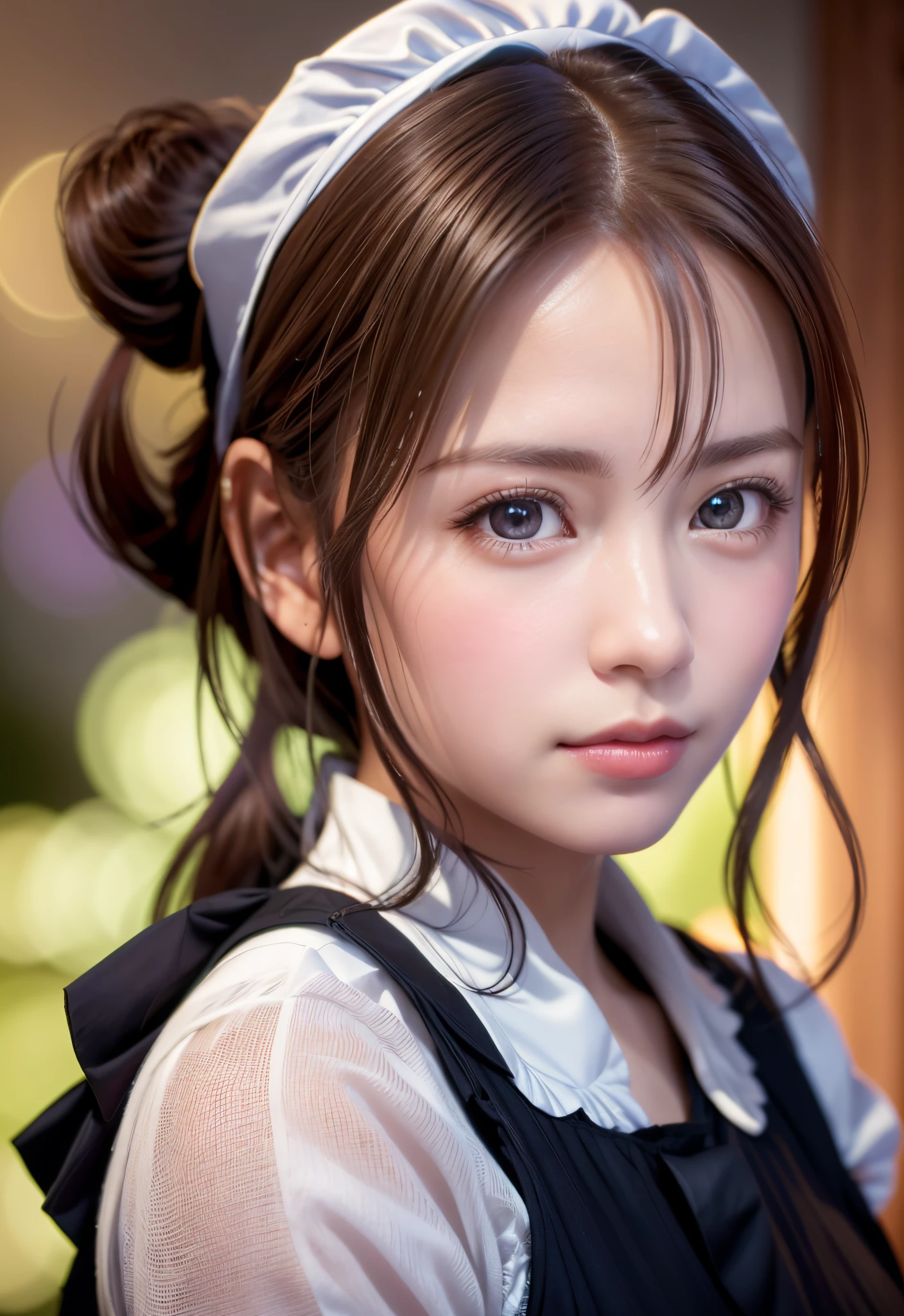 8K, of the highest quality, masutepiece:1.2), (Realistic, Photorealsitic:1.37), of the highest quality, masutepiece, Beautiful young woman, Pensive expression, Gentle look, Cute Maid Clothes, Hair tied back, feeling radiant, Cinematic background,, Light skin tone