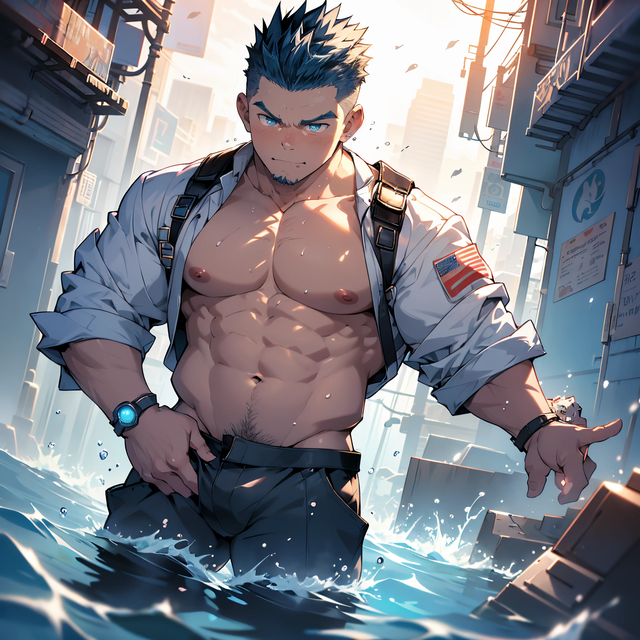 under water skyscraper neon lights effects, undercut, faux hawk, manly kawaii moe babyface, mechanic engineer jacket on shirtless muscular creamy body, meaty thigh, skyrocketing the crotch, magical sci-fi arms weapons, gripping water blade, floating water ball magically, trending on pixiv, kawaii moe anime 8K