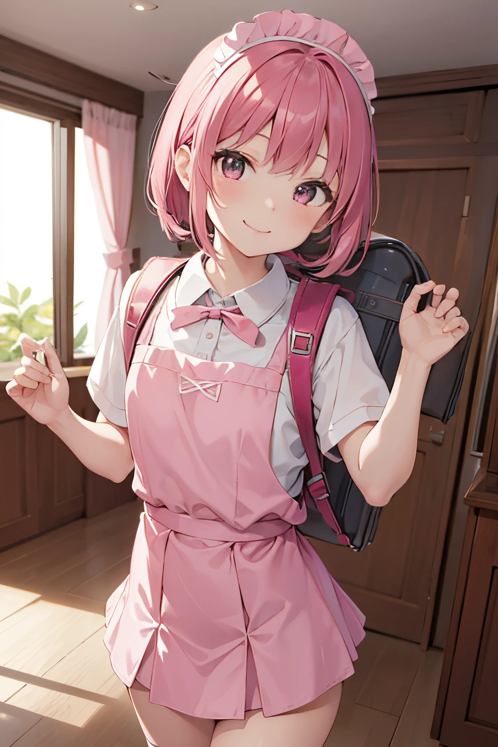 (masutepiece), Best Quality, High resolution, Highly detailed, Detailed background, Perfect Lighting, Indoor, 1girl in, Petite, Looking at Viewer, Petite, Maid Uniform, Adorable smile, Wearing a pink school bag backpack, (Randoseru Backpack:1.0)