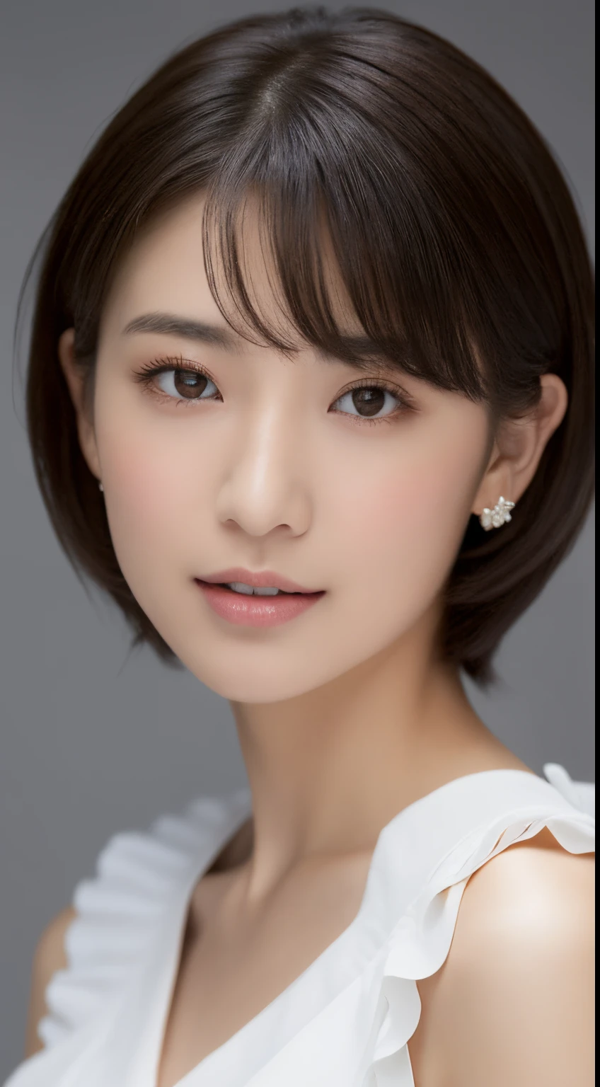 (top-quality, ​masterpiece, hight resolution), beautiful female model。sexy  pose,。She wears a white off-the-shoulder with white ruffles that only hide her breasts。Put your shoulders out、kindly smile、Show your teeth a little。Short bob hair、(Bob on the shoulder、straight haired、Straight bangs、On-eyebrow bangs)、stick out only one ear、sharp focus、(light)、clavicle、ear ornament、a necklace、Light gray background