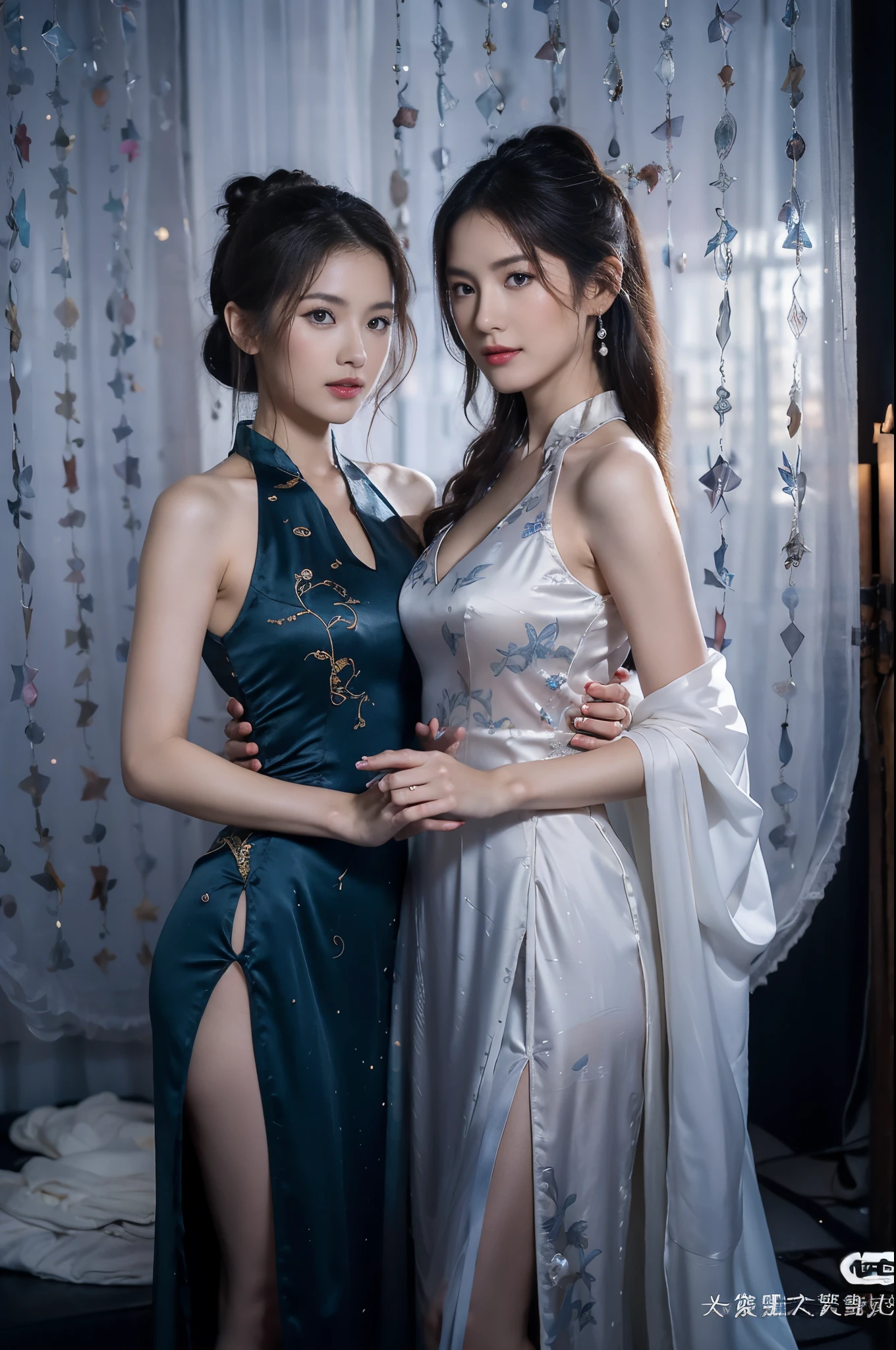 The proportions are the same for all races, All faces and pictures must be different, High level of image quality、Like a shot with an SLR、sensual bodies,upper legs、slit、Draw a work of art，Depicts two women wearing translucent traditional cheongsam sitting together,Duo,((sisterhood)),closeup portrait:1.4,Detailed faces,Front view,Rendered by Octane, HighDynamicRange,strabismus:1.3,Chinese hair accessories:1.4,Chinese hairpins:1.4,Chinese hairpins:1.4,​​clouds, Eau, glowworm, natta, starrysky, jewely,Light particles, (like a dream: 1.2), As estrelas, like a dream,